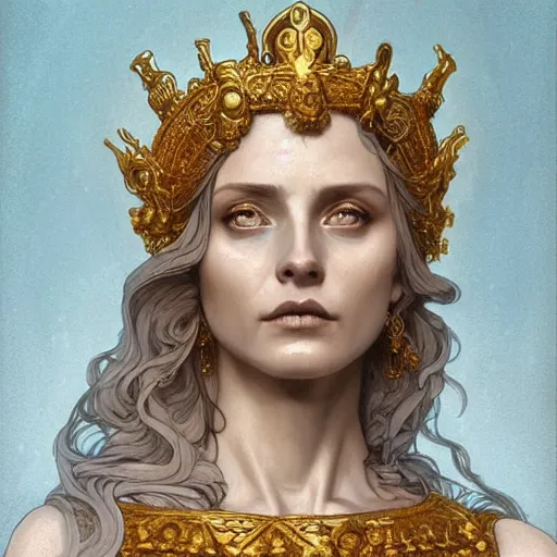 Prompt: portrait of Hecate as a marble statue skeleton, greek mythology, gold crown and filaments, intricate, headshot, highly detailed, digital painting, artstation, concept art, sharp focus, cinematic lighting, illustration, art by artgerm and greg rutkowski, alphonse mucha, cgsociety