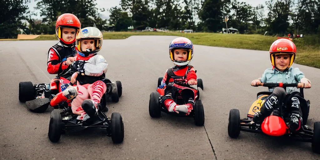 Image similar to photos of toddlers dressed as formula one drivers at a go - kart race, in the style of national geographic, soft focus, golden hour