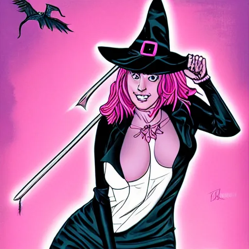 Prompt: a sultry witch in pink by frank cho