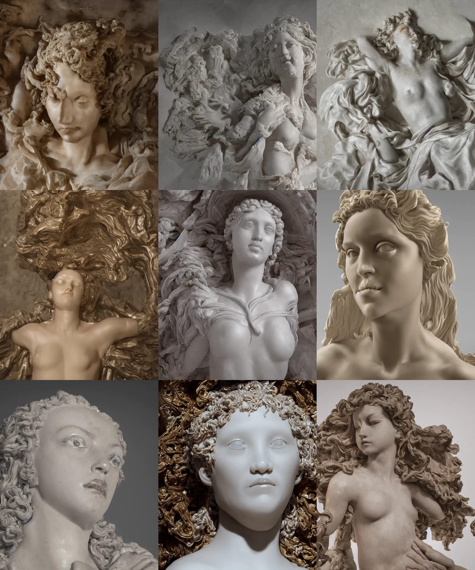 Prompt: the beautiful renaissance wax goddess, highly detailed melted wax, gi, global illumination, physically based rendering, photorealistic, top light, by Livio Scarpella, Bernini, Urs Fischer, Jin Shan, Mooniq Priem, white background