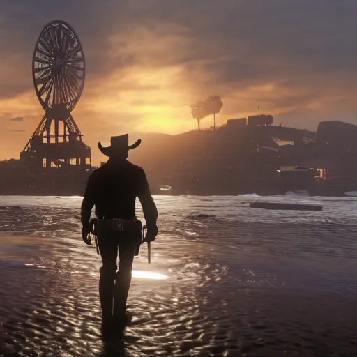 Prompt: arther morgan from red dead redemption 2 in los angeles pier