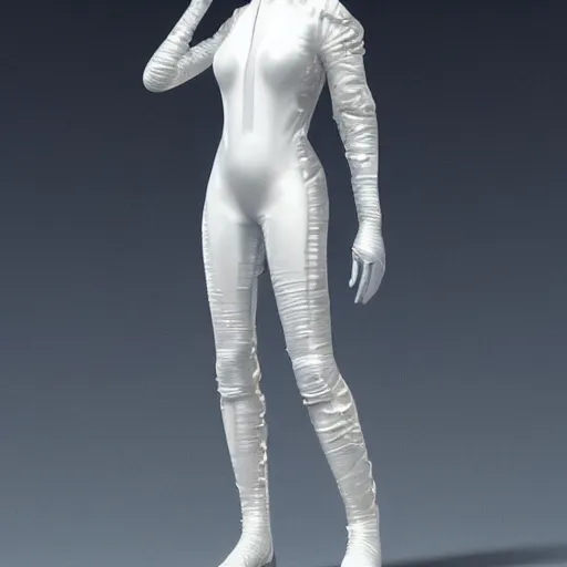 Image similar to beautiful white haired woman dressed in see through space suit in the style of zezhou chen highly detailed, smooth, sharp focus