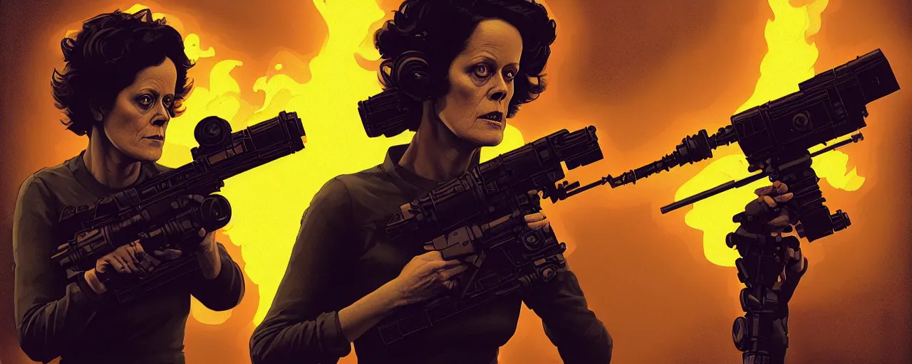 Image similar to duotone dark concept illustration 3 / 4 portrait of sigourney weaver as ellen ripley with flame thrower. cinematic volumentric lighting space. golden ratio accidental renaissance. by sachin teng and sergey kolesov and ruan jia and heng z. graffiti art, scifi, fantasy, hyper detailed. octane render. concept art. trending on artstation