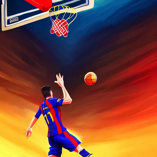 Image similar to Messi dunking on Ronaldo in basketball, D&D, fantasy, intricate, elegant, highly detailed, digital painting, artstation, concept art, matte, sharp focus, illustration