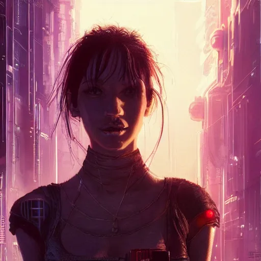 Image similar to molly millions, closeup portrait of a young beautiful cyberpunk woman, glowing eye implants, black hair in a rough shag, sunset, neuromancer, street samurai, cyberpunk city background, megacity, gorgeous view, depth, painted by seb mckinnon, high detail, digital art, painted by greg rutkowski, trending on artstation