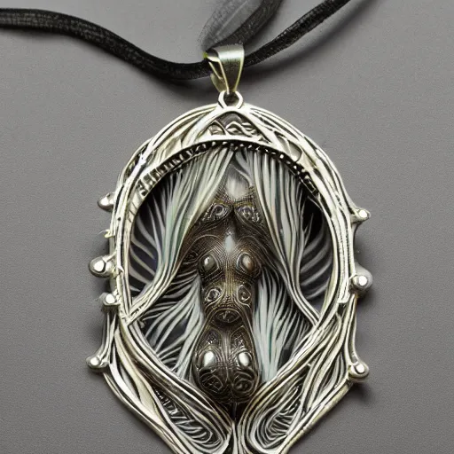 Prompt: simple artnouveau necklace motiv natur in the style of h. r. giger and rene lalique