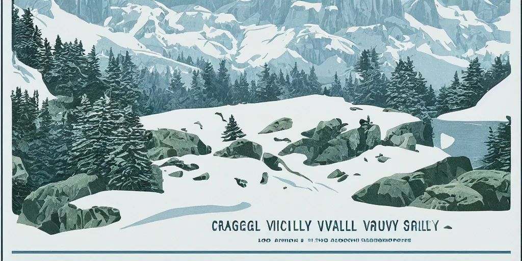 Image similar to beautiful idyllic poster illustration for a craggy snow valley national park by ludwig hohlwein