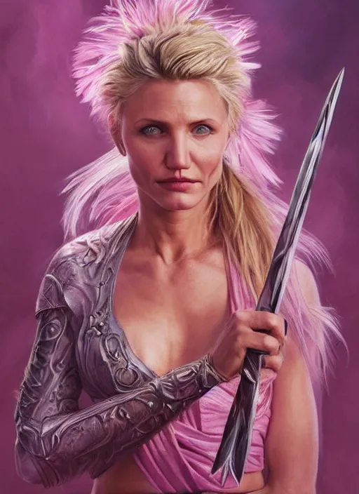 Prompt: serious looking Cameron Diaz as a ruggedly handsome heroine wearing pink feathers and wielding a glowing sword, intricate, elegant, tasteful, highly detailed, centered, digital painting, artstation, concept art, smooth, sharp focus, illustration, art by artgerm and donato giancola and Joseph Christian Leyendecker, WLOP