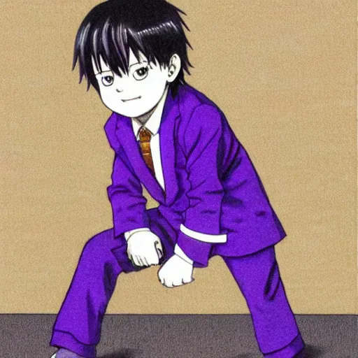 Prompt: pale little boy wearing a purple suit, artwork by eiichiro oda