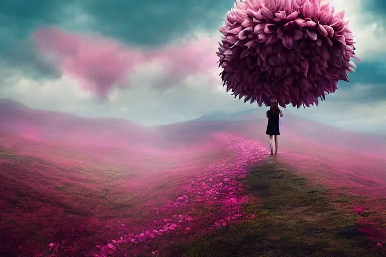 Image similar to giant dahlia flower crown head on girl walking on mountain, surreal photography, pink storm clouds, dramatic light, impressionist painting, digital painting, artstation, simon stalenhag