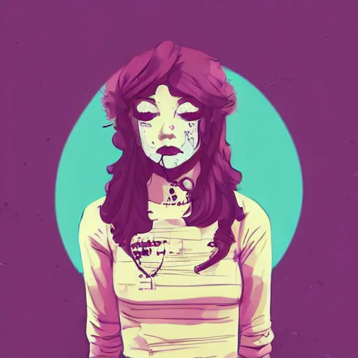 Image similar to Highly detailed portrait of pretty punk zombie young lady with, freckles and beautiful hair by Atey Ghailan, by Loish, by Bryan Lee O'Malley, by Cliff Chiang, inspired by image comics, inspired by graphic novel cover art, inspired by papergirls !! Gradient color scheme ((grafitti tag brick wall background)), trending on artstation