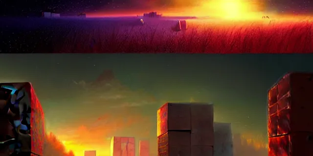 Image similar to a fleet of giant futuristic cubes in the sky glowing in sync, a fantasy magical landscape seen in the distance, atmospheric lighting, intricate, volumetric lighting, beautiful, sharp focus, ultra detailed, in the art style of marc simonetti, bowater charlie and brom gerald, astrophotography