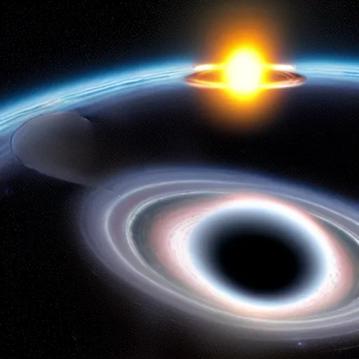 Image similar to Starship in orbit of a black hole, black hole, accretion disk, credit ESA