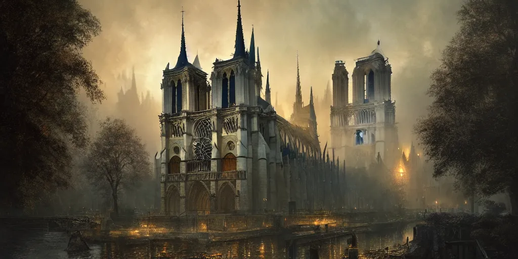 Image similar to Notre dame taken back by nature, by Andreas Rocha + Ted Nasmith, dark, cinematic lighting, masterpiece, highly detailed, 8k resolution, trending on art station