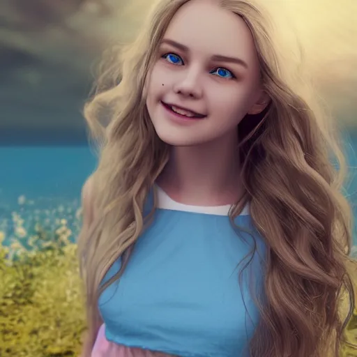 Image similar to a very beautiful teen girl, full body, long wavy blond hair, sky blue eyes, full round face, short smile, cute top, miniskirt, flower in hair, summer lake setting, cinematic lightning, medium shot, mid-shot, highly detailed, trending on Artstation, Unreal Engine 4k, cinematic wallpaper by Stanley Artgerm Lau, WLOP, Rossdraws, James Jean, Andrei Riabovitchev, Marc Simonetti, and Sakimichan