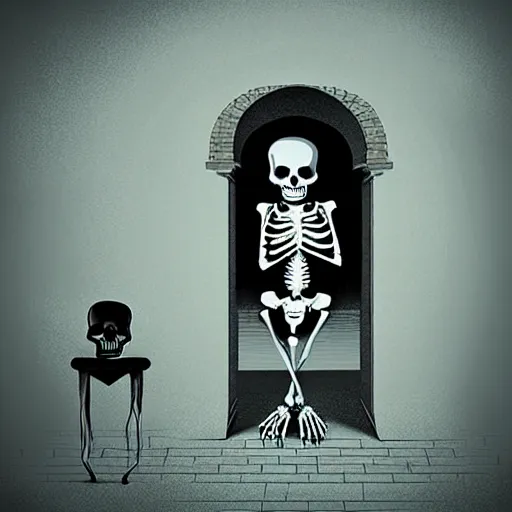 Image similar to storybook illustration of an open wardrobe revealing the entrance to a fantastic world featuring surreal horror skeleton, storybook illustration, monochromatic