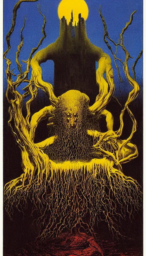 Image similar to forbidden knowledge, madness, the eldritch king in yellow by beksinski, tarot card, strange frames, ghibli by rene magritte and salvadore dali