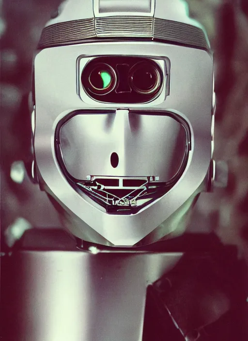 Image similar to a portrait photograph of a robot head designed by quentin trantino, 3 5 mm, color film camera,