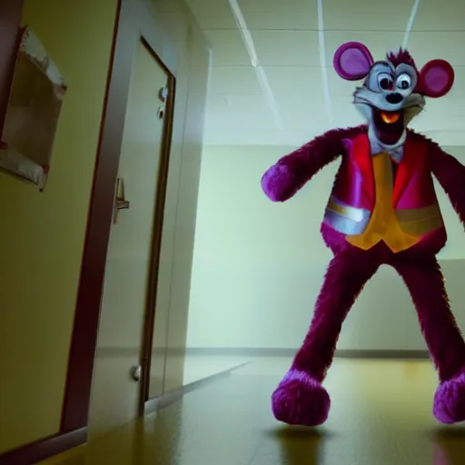 Image similar to movie still of chuck e cheese standing creepily in a empty hallway, dark energy, 4 k, directed by todd philips