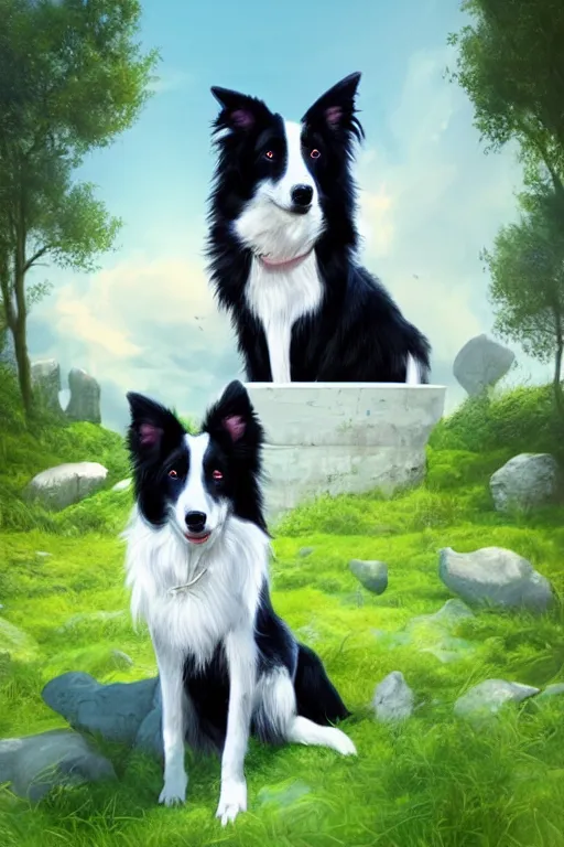 Image similar to sitting border collie with fantasy background by beeple and rossdraws