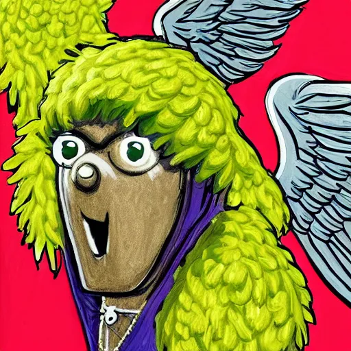 Image similar to a tennis ball monster with angel halo and wings, golden chain necklace, balaclava, tennis ball, urban, hip hop, rap, colorful, digital art, fantasy, magic, trending on artstation, ultra detailed, professional illustration by Basil Gogos