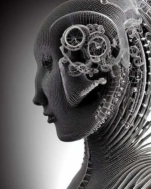 Image similar to mythical dreamy black and white organic bio-mechanical spinal ribbed profile face portrait detail of translucent steampunk bio-mechanical beautiful female angelic-human-queen-vegetal-cyborg, highly detailed, intricate crystal jelly ornate, poetic, 3D render, digital art, octane render, 8K artistic photography, photo-realistic, by Dora Maar