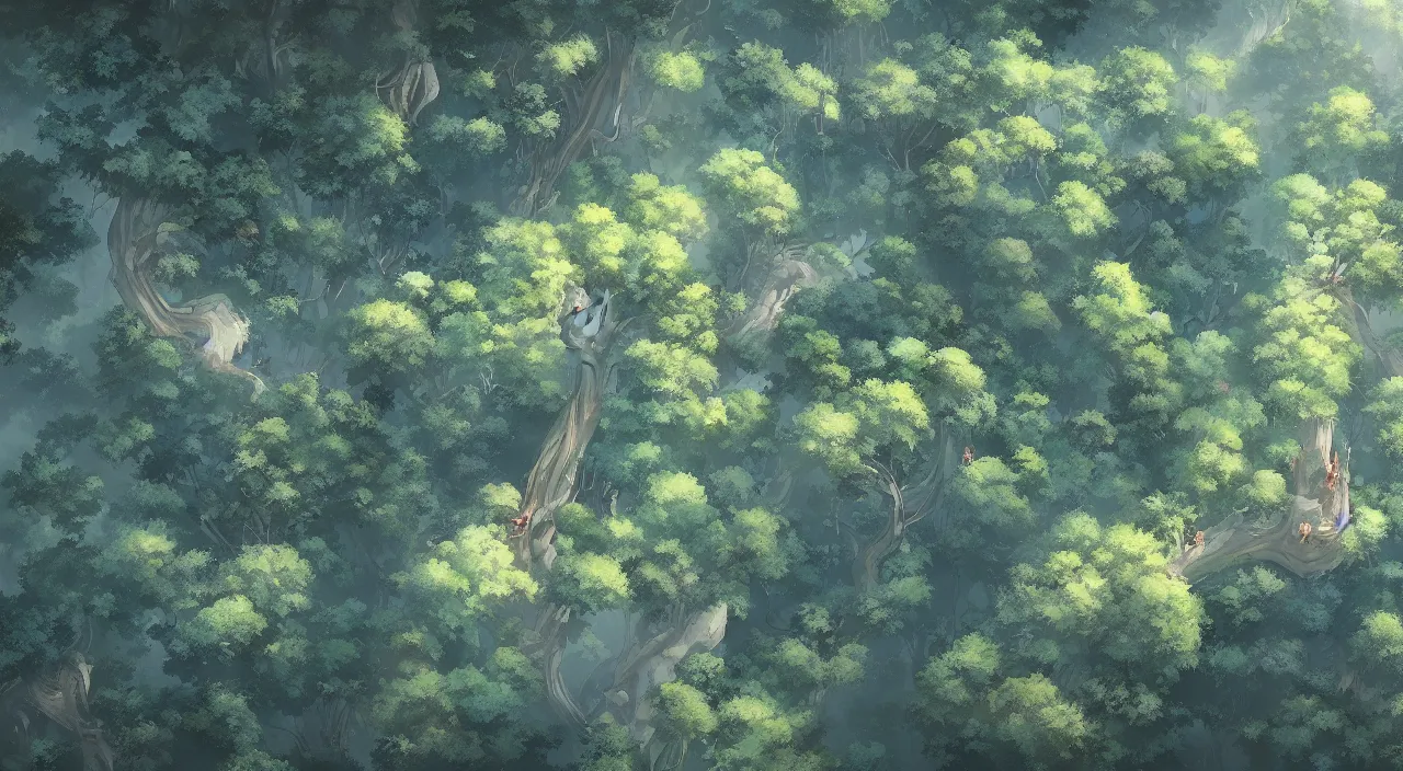 Image similar to aerial view of treetop canopy, by studio ghibli and greg rutkowski,