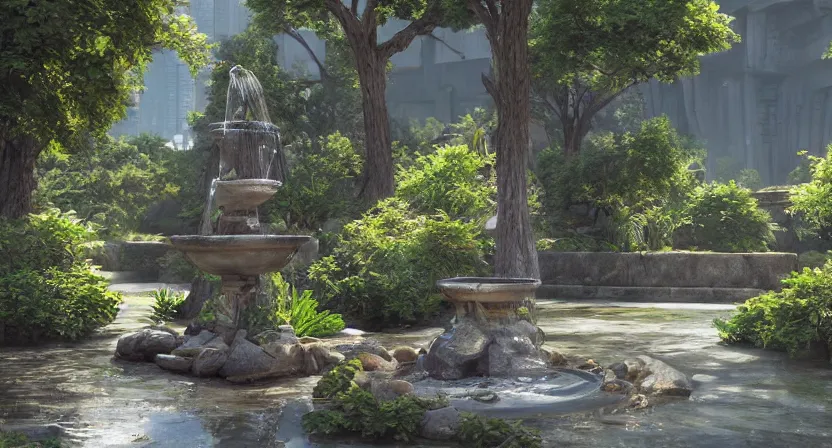 Image similar to a water fountain made out of a tree, concept art by Doug Chiang cinematic, realistic painting, high definition, digital art, symmetrical, very detailed, extremely high detail, photo realistic, concept art, unreal engine 5,