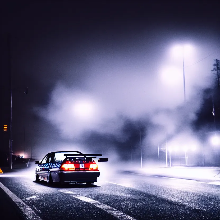 Image similar to one car JZX90 twin turbo drift middle of empty street, misty kanagawa prefecture, night, cinematic color, photorealistic, highly detailed,