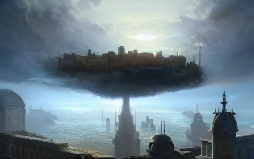 Prompt: longshot photograph of advanced civilization city ruins floating in a disc in the sky by Hubert Robert, Lee Madwick and Bastien Lecouffe-Deharme 8k artstation cinematic dramatic lighting