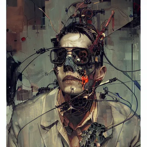 Image similar to a cyberpunk noir detective, skulls, wires cybernetic implants, machine noir grimcore, in the style of adrian ghenie esao andrews jenny saville surrealism dark art by james jean takato yamamoto and by ashley wood and mike mignola