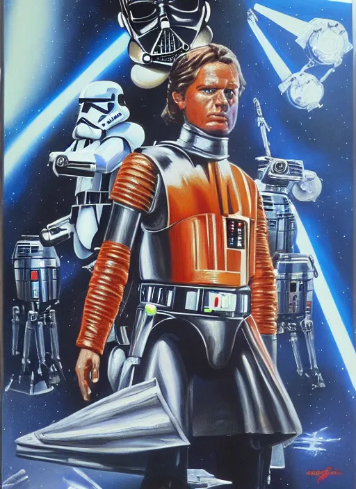 Prompt: 1 9 8 6 poster for star wars meets terminator. oil on canvas. print.