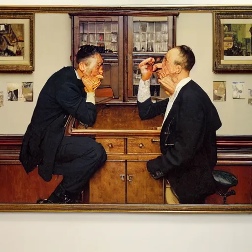 Image similar to an oil painting of two gentlemen arguing , by Norman Rockwell