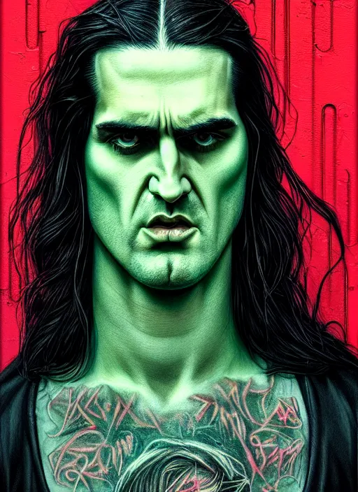 Image similar to hyper detailed ultra sharp type o negative peter steele photorealistic sulking portrait, somber gothic aesthetic, masterpiece, elite, illustration, art by sachin teng, felix englund, organic matte painting, emerald color palette, hard edges, graffiti, street art 8 k