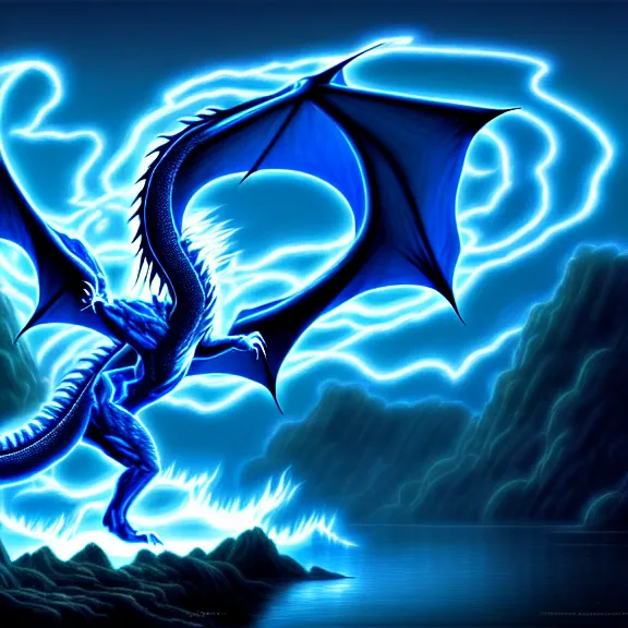 Prompt: ghostly blue dragon, lightning, lake background, gerald brom, hyper detailed, 8 k, fantasy, dark, grim