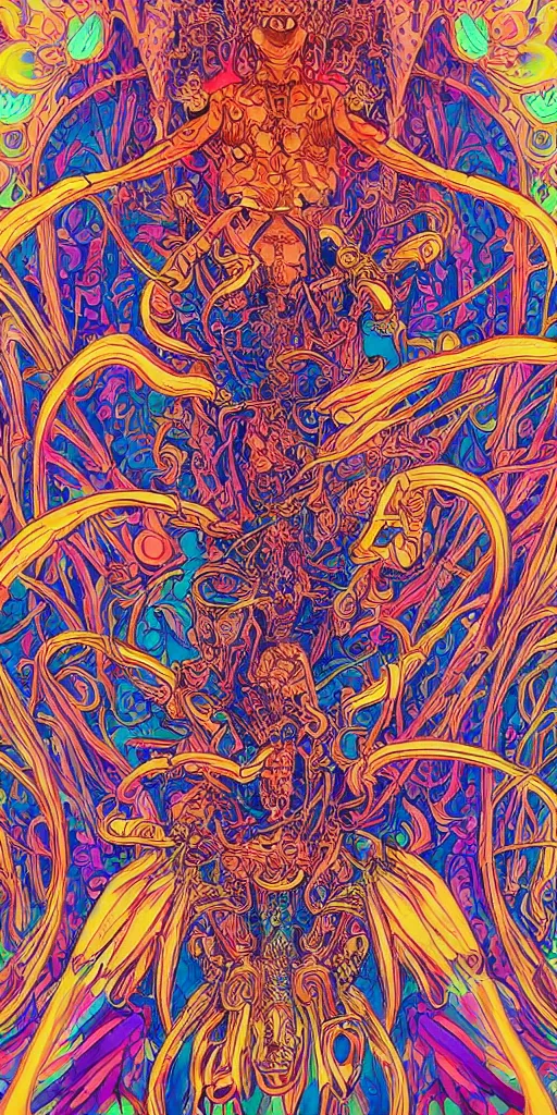 Image similar to psychedelic mushroom ritual central figure intricate highly detailed symmetrical, cinematic movie screen printing poster colorful and vivid pattern, by Artgerm, Darius Zawadzki, James Jean and Moebius, Artstation trending