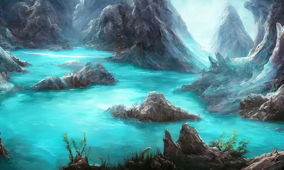 Image similar to crystalline turquoise lake, digital art, concept art, fantasy art, highly detailed, hd wallpaper, hdr, artstation, deviantart, behance