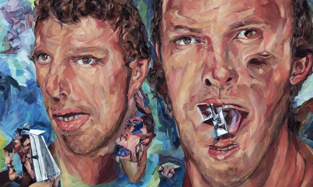 Image similar to chris martin transforms into an desk stapler, beautiful oil painting, animorphs