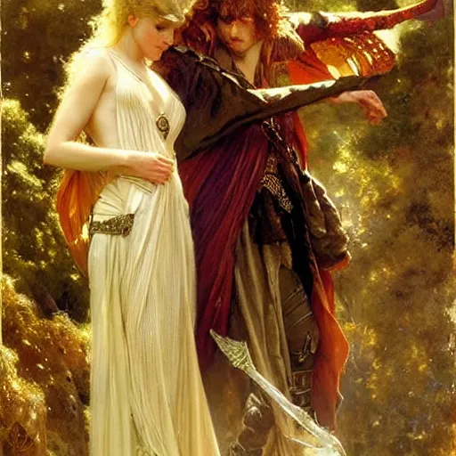 Image similar to stunning arthur pendragon in love with stunning male merlin the mage. they are close to each other. highly detailed painting by gaston bussiere, craig mullins, j. c. leyendecker