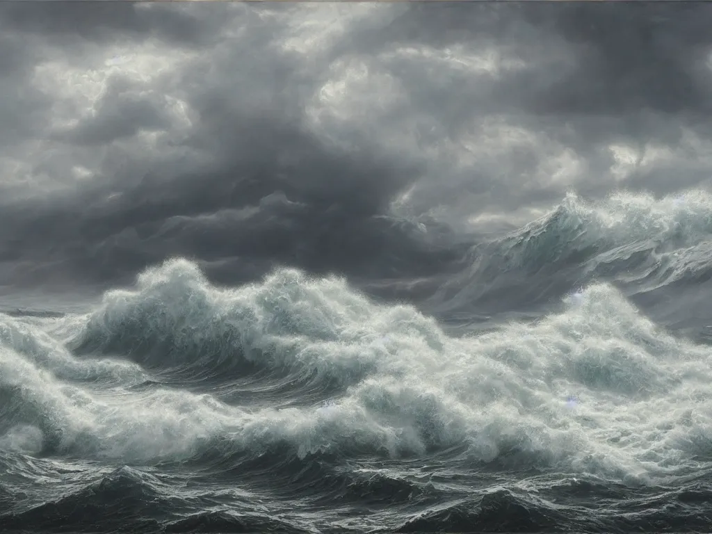Prompt: a cinematic view of a stormy sea with cthulhu rising. art by william trost richards and donato giancola, hyperrealism, artstation