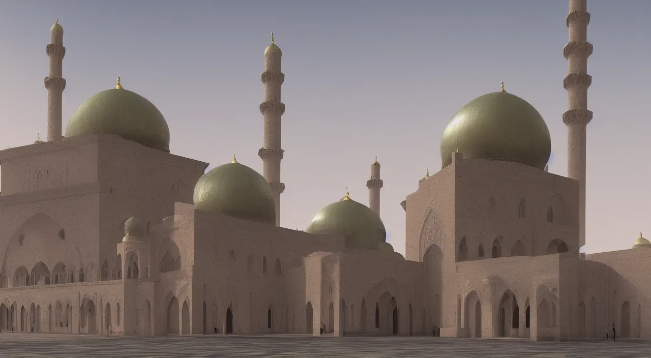 Prompt: An old mosque with huge dome and tall minarets, realistic matte painting,