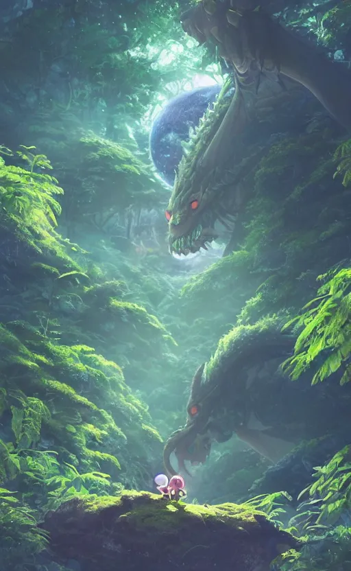 Image similar to a still of a cute adorable tiny astronaut, on a planet of lush foliage, with an enormous kaiju dragon surrounding, magical forest, sharp focus, neon backlit, highly detailed, disney pixar studio ghibli makoto shinkai, digital painting, matte, octane render, global illumination, iridescent, anime, 8 k concept art