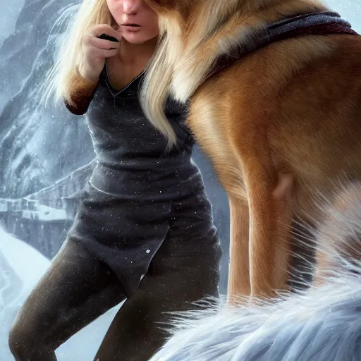 Image similar to epic action shot of beautiful scandinavian woman with symmetrical face stunning eyes and long blonde hair playing with german shephard dog, weta disney pixar, hi - fructose, decadent highly - detailed digital painting, golden ratio, octane render, artstation, cinematic composition, smooth, sharp focus, artgerm, mucha, loish, wlop hdr