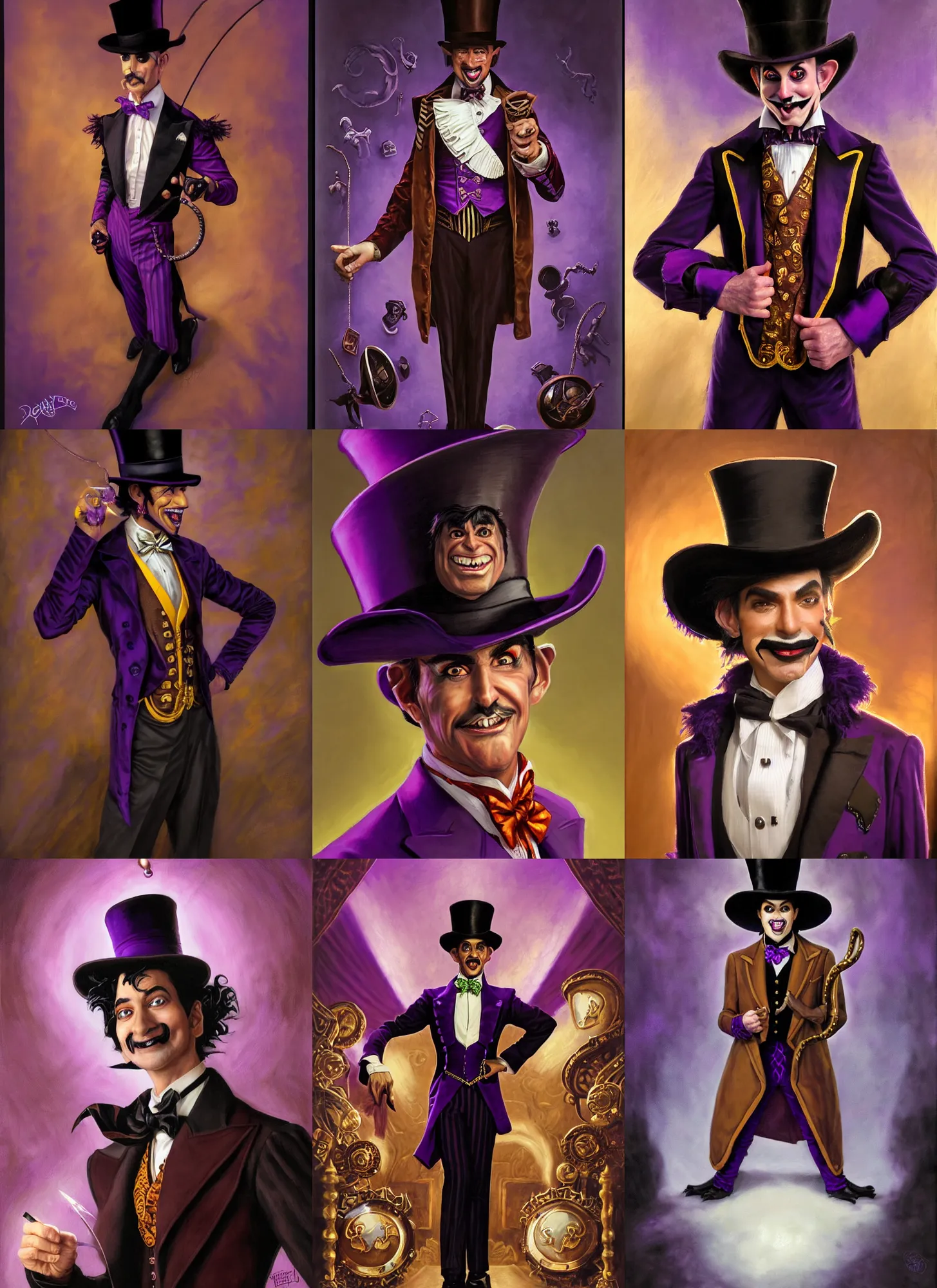 Prompt: portrait, a slender ringmaster with tan skin, wearing purple and black ringmaster attire, nefarious smirk, black hair, black top hat, trickster, goatee, style by donato giancola, wayne reynolds, jeff easley dramatic light, high detail, cinematic lighting, artstation, dungeons and dragons