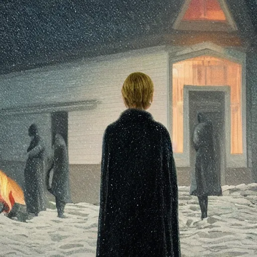 Image similar to Elle Fanning with a creepy cult at night in the world of Edward Hopper, stormy snowy weather, beach, fire, black robes, extremely detailed masterpiece, oil on canvas, low-key neon lighting, artstation, Blade Runner 2049, Roger Deakin’s cinematography, by J. C. Leyendecker and Peter Paul Rubens,