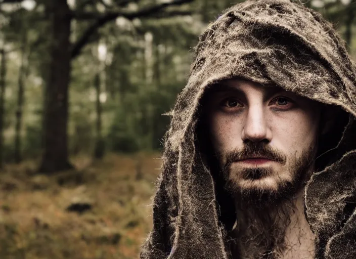 Prompt: character and environment photography, portrait 2 0 - year - old male druid, tattered spiderweb hood and robe, infested bear standing, medium shot, wide angle, 2 0 0 px, low key