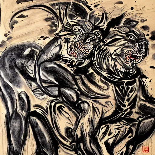 Prompt: emotional movement of muscle panthers, hell creatures, ink painting, in style of thawan duchanee, high quality,