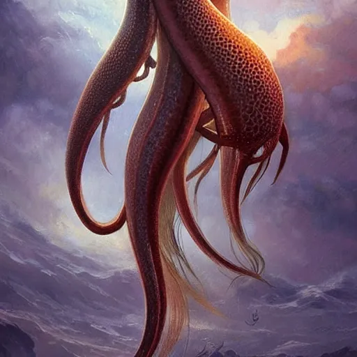 Image similar to “A giant sea squid celestial, Nordic inspired, epic, D&D, fantasy, intricate, cinematic lighting, highly detailed, digital painting, artstation, concept art, smooth, sharp focus, illustration, art by Artgerm and Greg Rutkowski and Alphonse Mucha”