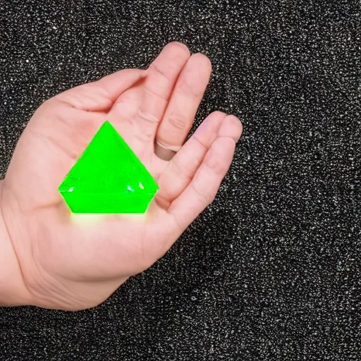 Image similar to a small glowing green shard of kryptonite held between the index finger and thumb of a black - gloved hand, black background