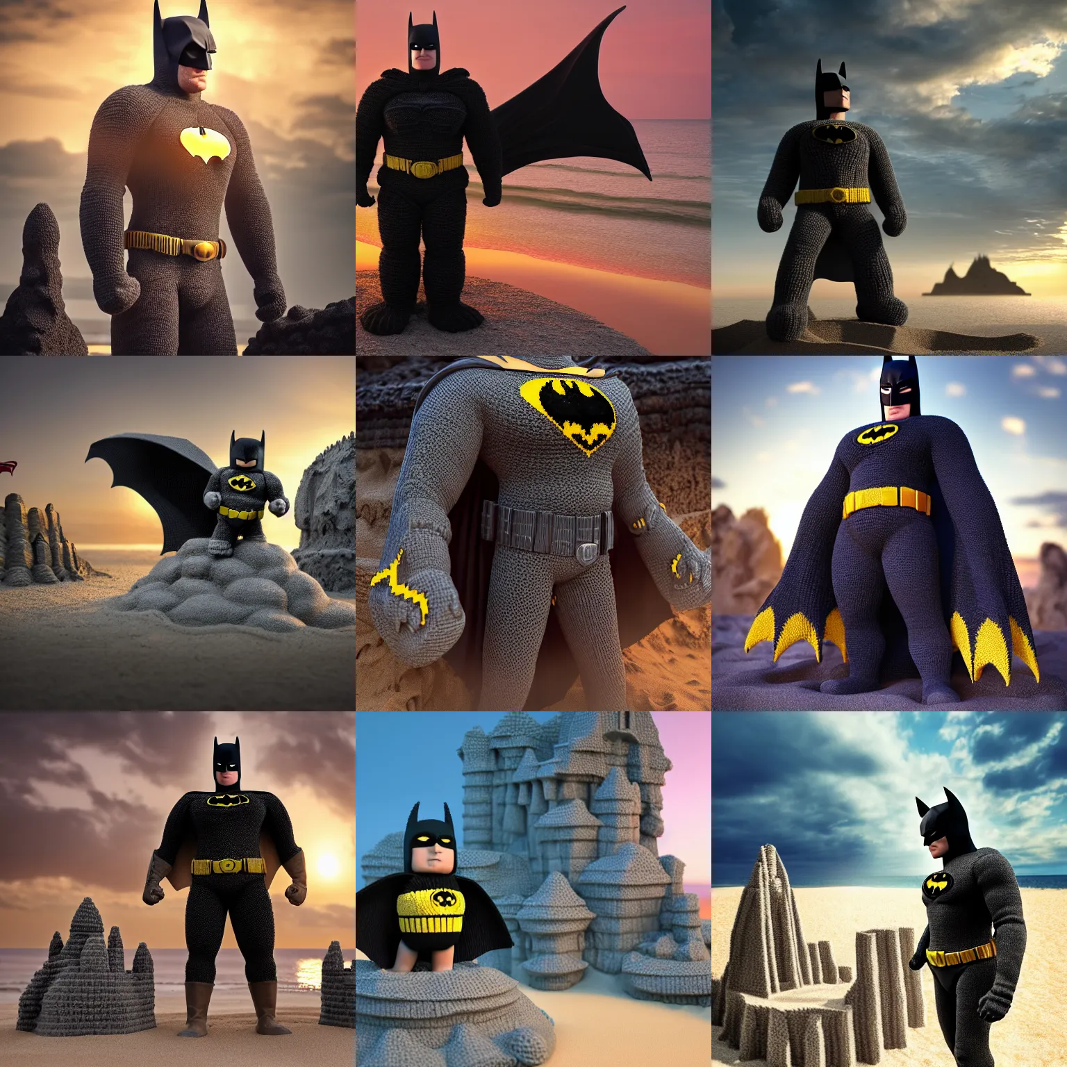 Prompt: a photorealistic image of a large knitted batman guarding the batcave sandcastle during sunset at the beach Trending on artstation, featured on Behance, well-rendered, Unreal Engine, 4K HD